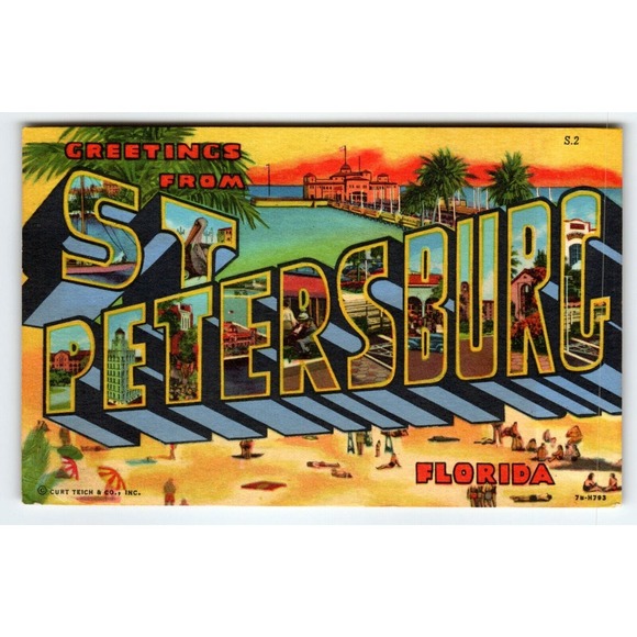Greetings From St Petersburg Florida Large Letter Linen Postcard Beach Town - Picture 1 of 2